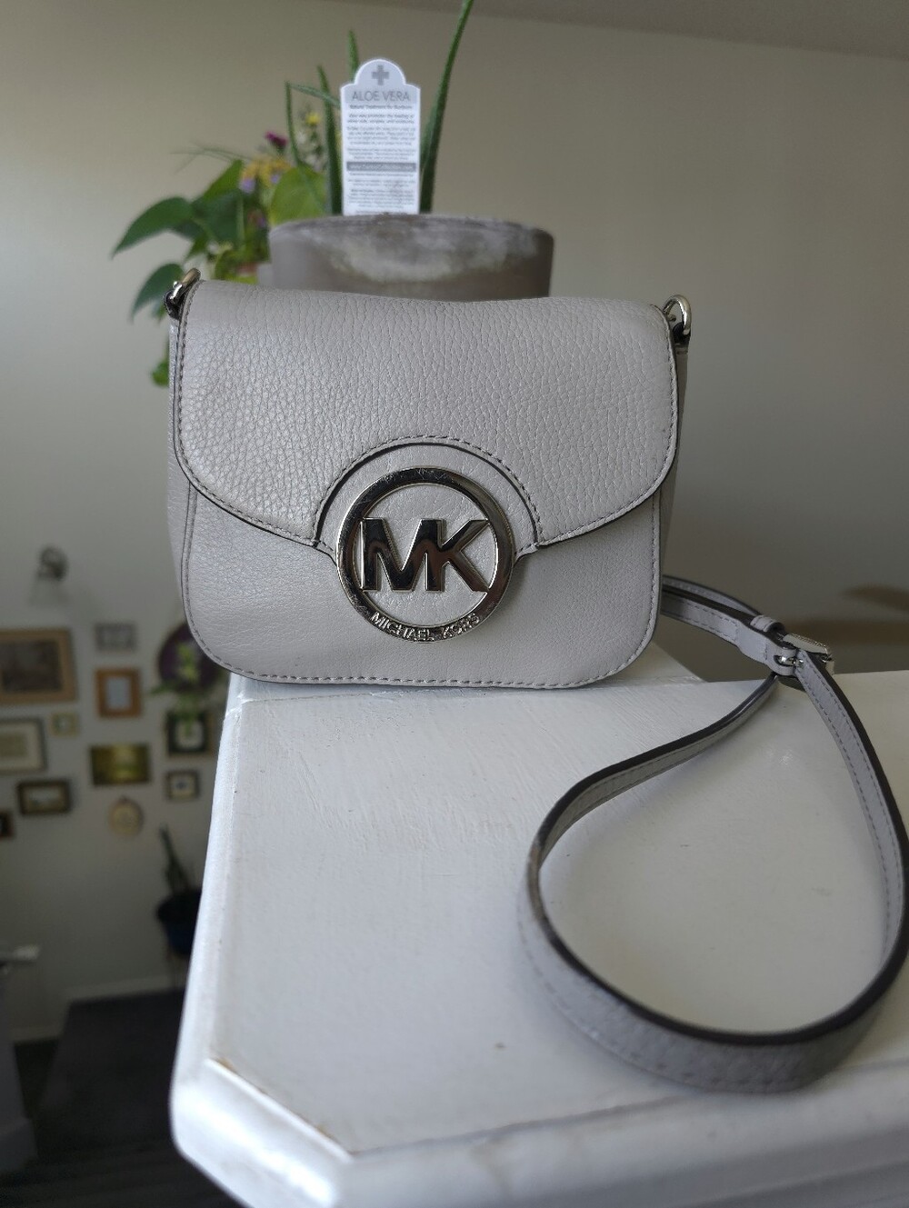 Michael Kors Light Gray Fulton  Pebbled Leather MK Logo Crossbody Bag